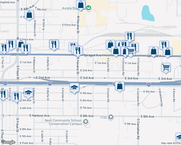 map of restaurants, bars, coffee shops, grocery stores, and more near 4422 East 2nd Avenue in Spokane Valley