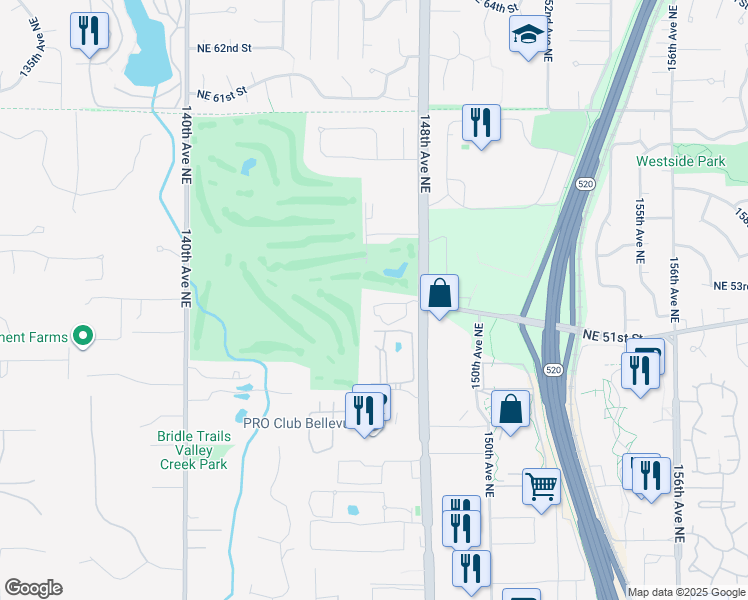 map of restaurants, bars, coffee shops, grocery stores, and more near 14606 Northeast 51st Place in Bellevue