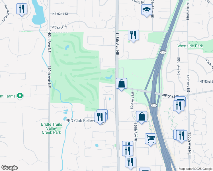 map of restaurants, bars, coffee shops, grocery stores, and more near 14620 Northeast 51st Place in Bellevue