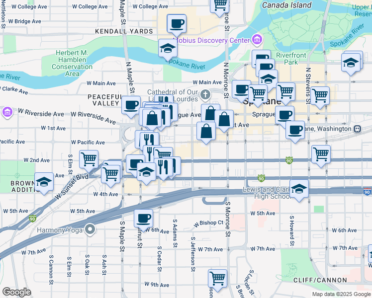 map of restaurants, bars, coffee shops, grocery stores, and more near in Spokane