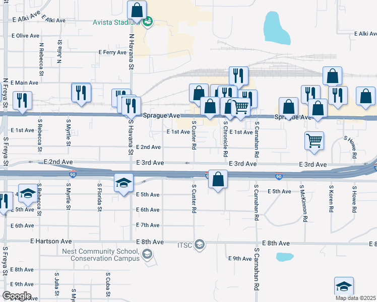 map of restaurants, bars, coffee shops, grocery stores, and more near 4624 East 2nd Avenue in Spokane Valley