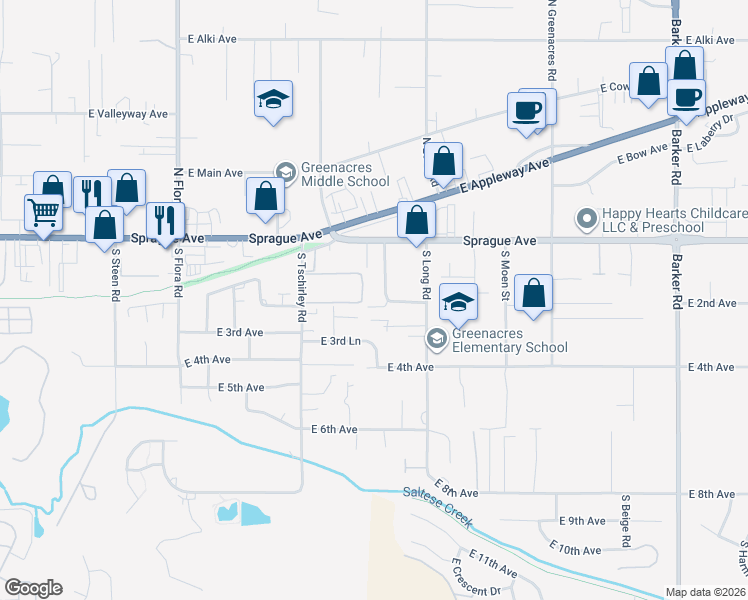 map of restaurants, bars, coffee shops, grocery stores, and more near 120 South Manifold Road in Spokane Valley