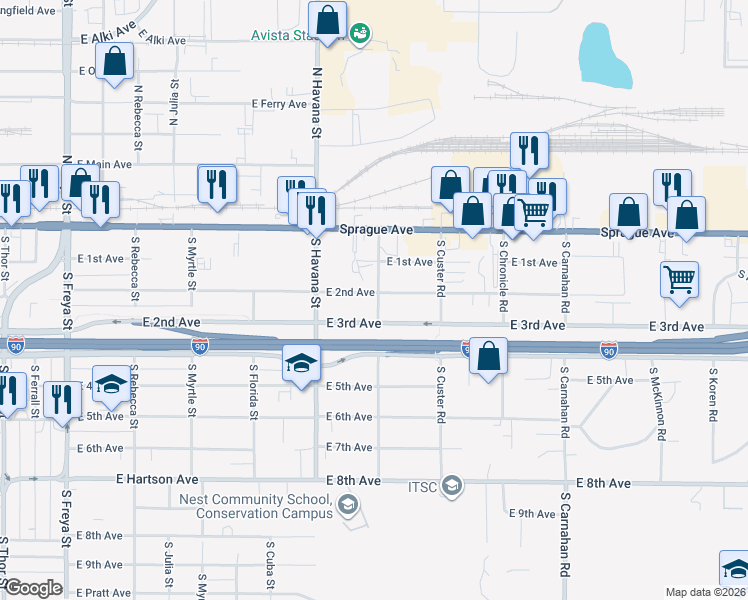 map of restaurants, bars, coffee shops, grocery stores, and more near 4422 East 2nd Avenue in Spokane Valley