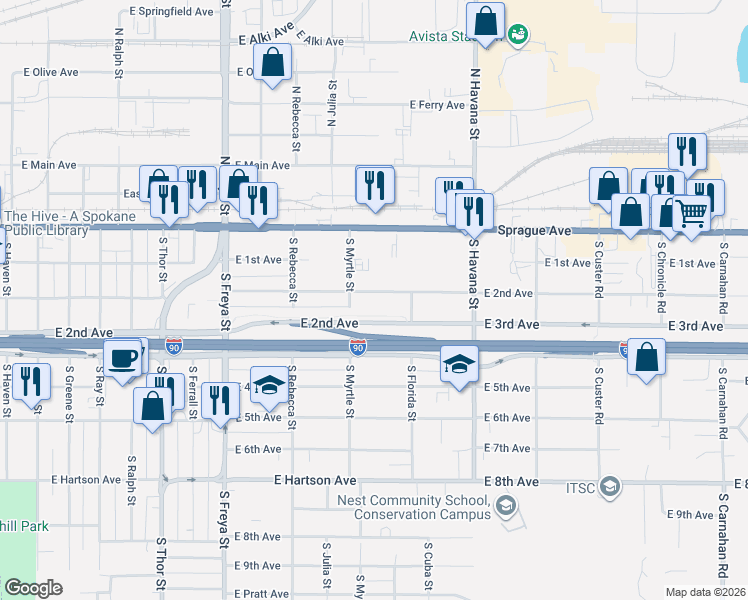 map of restaurants, bars, coffee shops, grocery stores, and more near 4027 East 2nd Avenue in Spokane