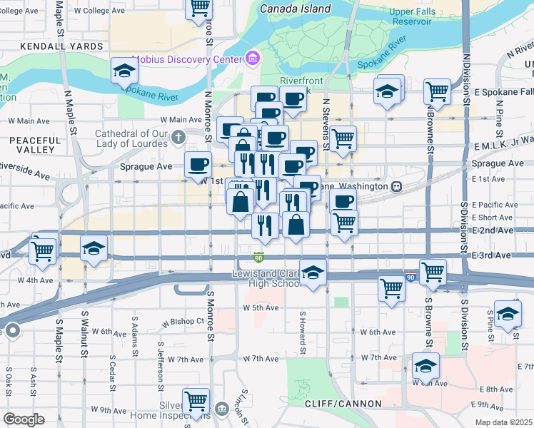 map of restaurants, bars, coffee shops, grocery stores, and more near 165 South Post Street in Spokane