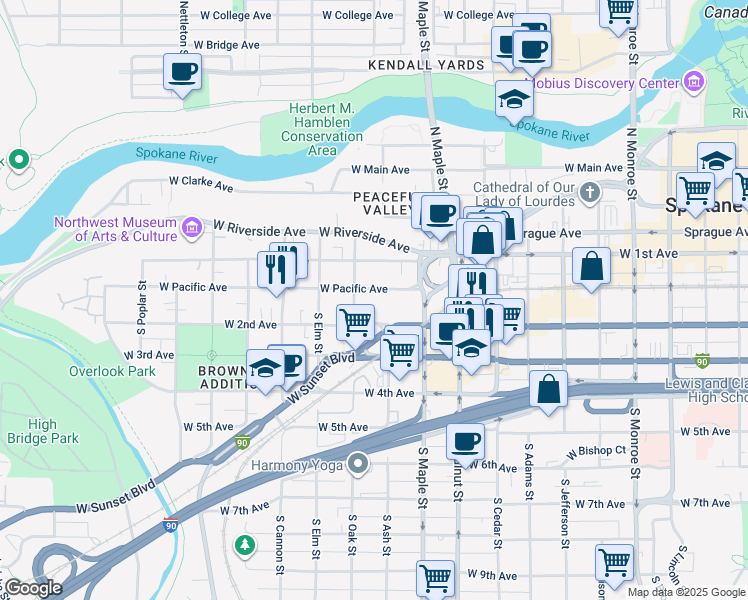 map of restaurants, bars, coffee shops, grocery stores, and more near 1725 West Pacific Avenue in Spokane