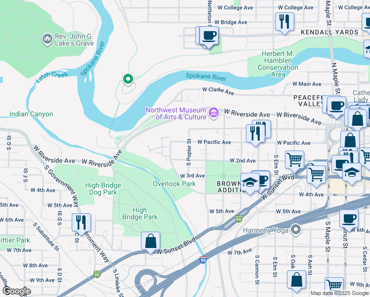 map of restaurants, bars, coffee shops, grocery stores, and more near 2418 West 2nd Avenue in Spokane