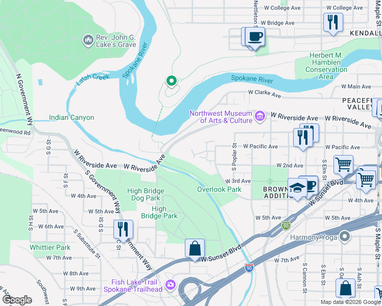 map of restaurants, bars, coffee shops, grocery stores, and more near 2463 West Riverside Avenue in Spokane