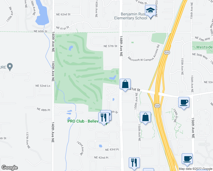 map of restaurants, bars, coffee shops, grocery stores, and more near 14635 Northeast 51st Place in Bellevue