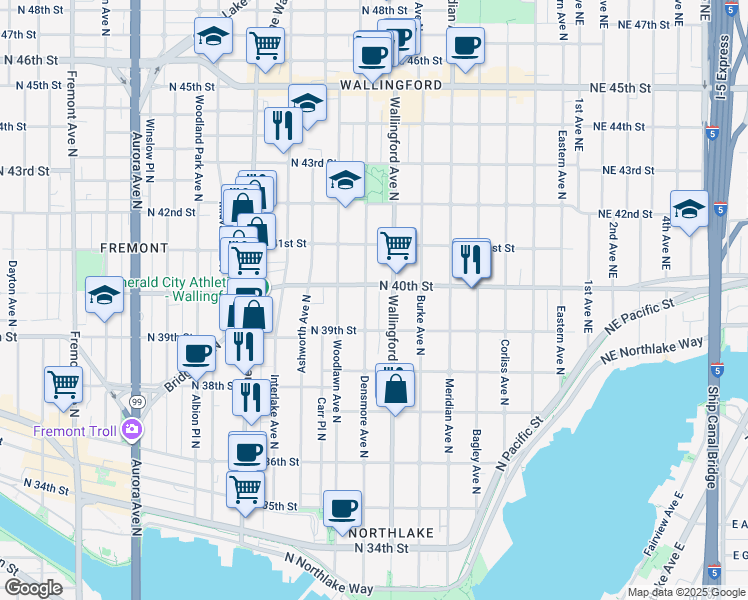 map of restaurants, bars, coffee shops, grocery stores, and more near in Seattle