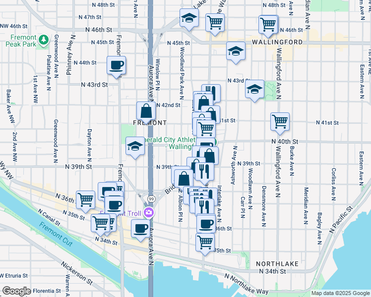 map of restaurants, bars, coffee shops, grocery stores, and more near 3932 Woodland Park Avenue North in Seattle