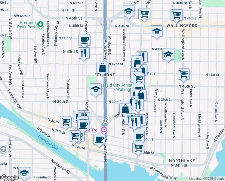 map of restaurants, bars, coffee shops, grocery stores, and more near 3926 Whitman Avenue North in Seattle