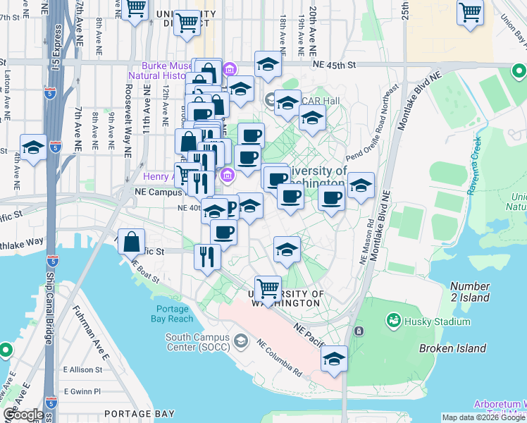 map of restaurants, bars, coffee shops, grocery stores, and more near 1704 Northeast Grant Lane in Seattle