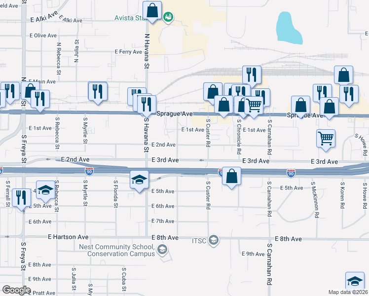 map of restaurants, bars, coffee shops, grocery stores, and more near 4512 East 2nd Avenue in Spokane Valley