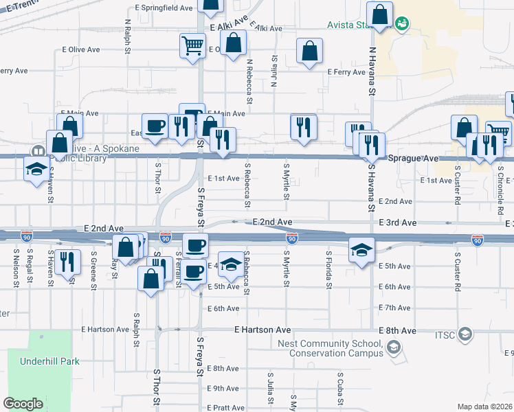 map of restaurants, bars, coffee shops, grocery stores, and more near 3812 East Pacific Avenue in Spokane