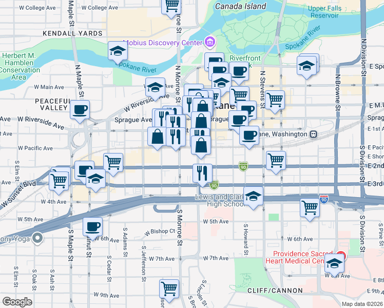 map of restaurants, bars, coffee shops, grocery stores, and more near 920 West 2nd Avenue in Spokane