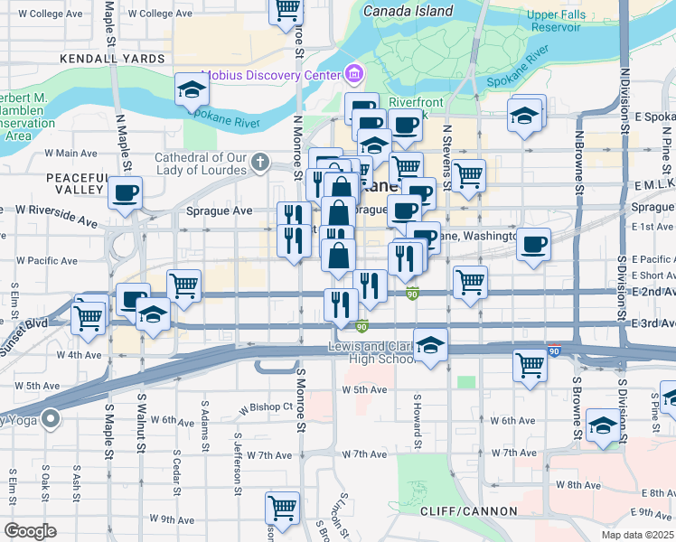 map of restaurants, bars, coffee shops, grocery stores, and more near 151 South Lincoln Street in Spokane