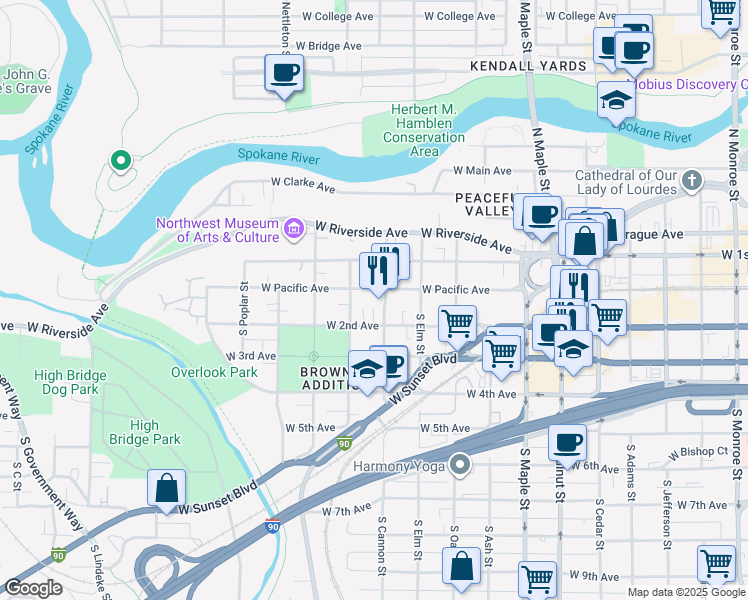 map of restaurants, bars, coffee shops, grocery stores, and more near 2010 West 2nd Avenue in Spokane