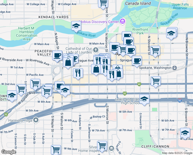 map of restaurants, bars, coffee shops, grocery stores, and more near 153 South Jefferson Street in Spokane