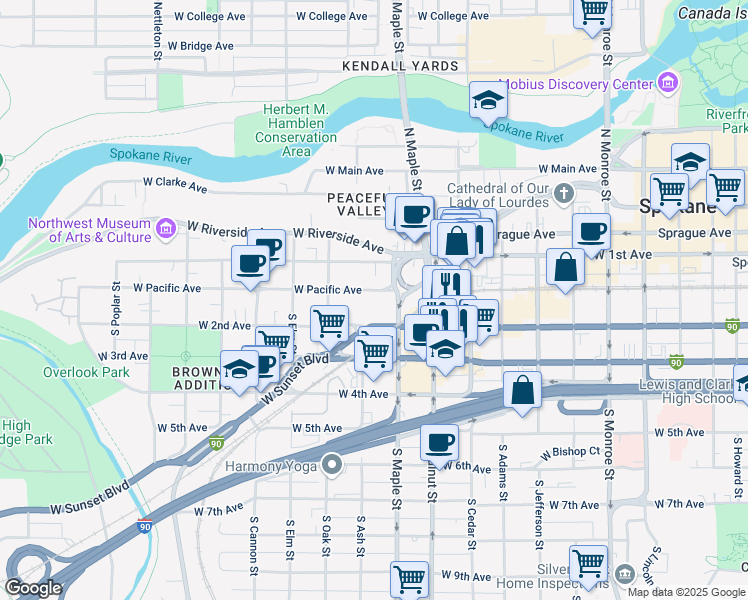 map of restaurants, bars, coffee shops, grocery stores, and more near 1623 West Pacific Avenue in Spokane