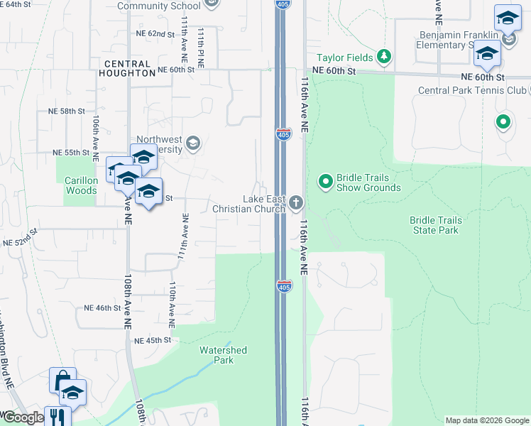 map of restaurants, bars, coffee shops, grocery stores, and more near 5044 114th Avenue Northeast in Kirkland