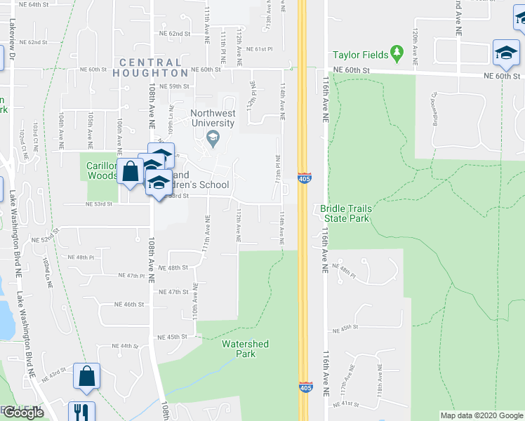 map of restaurants, bars, coffee shops, grocery stores, and more near 11225 Northeast 53rd Street in Kirkland