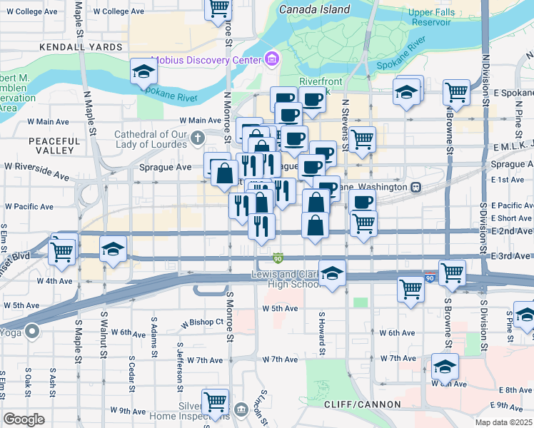 map of restaurants, bars, coffee shops, grocery stores, and more near 823 West Railroad Alley in Spokane
