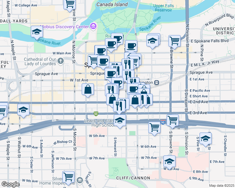 map of restaurants, bars, coffee shops, grocery stores, and more near 506 West 2nd Avenue in Spokane