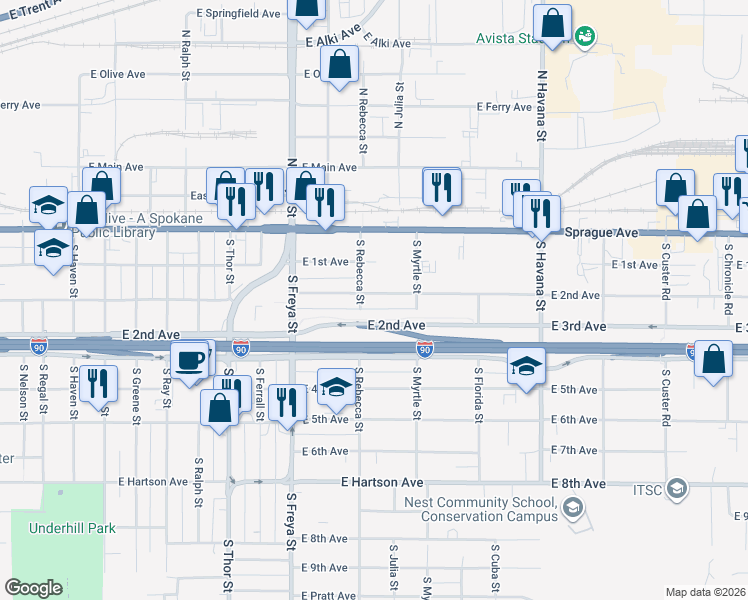 map of restaurants, bars, coffee shops, grocery stores, and more near 3812 East Pacific Avenue in Spokane