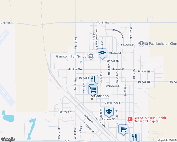 map of restaurants, bars, coffee shops, grocery stores, and more near 28 4th Avenue Northwest in Garrison