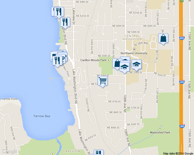 map of restaurants, bars, coffee shops, grocery stores, and more near 10419 Northeast 53rd Street in Kirkland