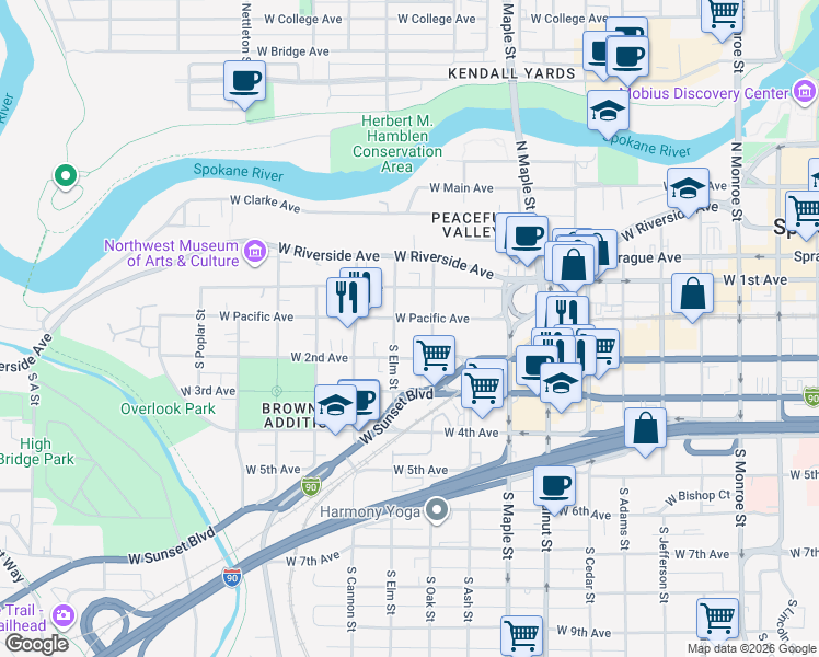 map of restaurants, bars, coffee shops, grocery stores, and more near 1818 West 2nd Avenue in Spokane