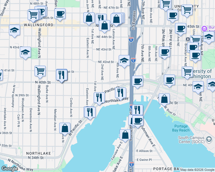 map of restaurants, bars, coffee shops, grocery stores, and more near 3919 Latona Avenue Northeast in Seattle