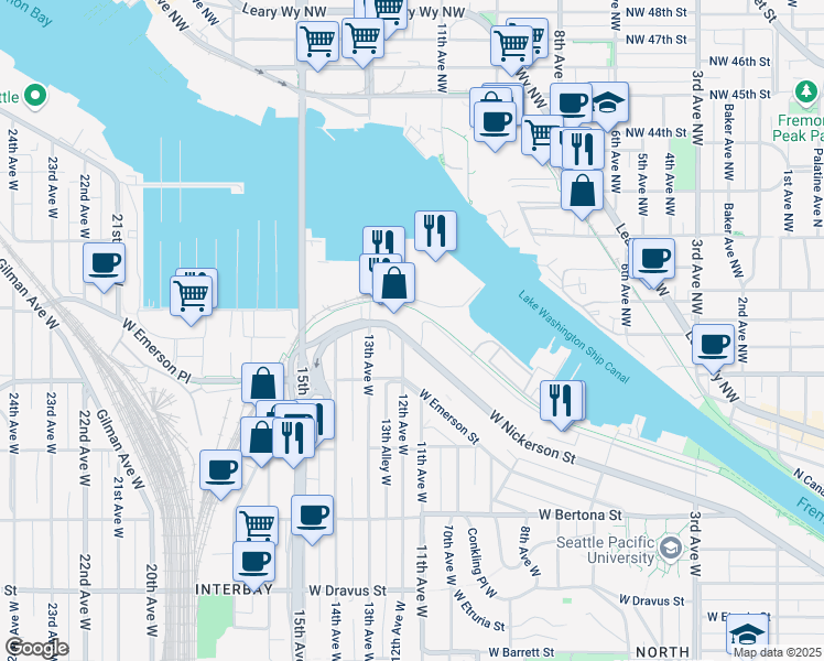 map of restaurants, bars, coffee shops, grocery stores, and more near 1050 11th Avenue West in Seattle