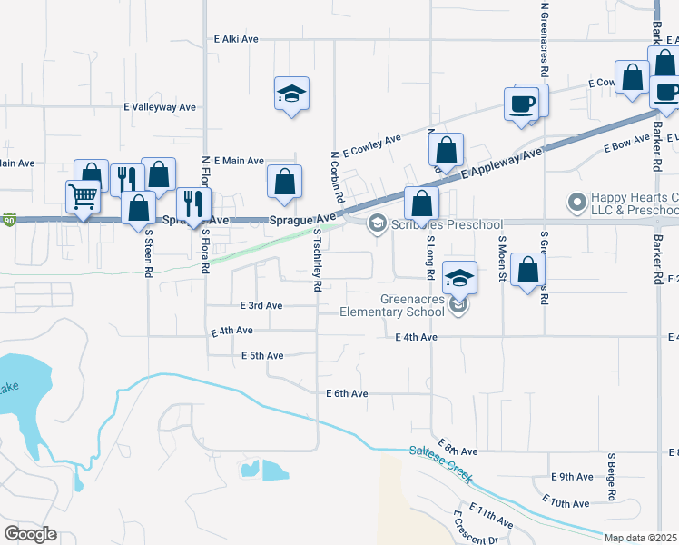 map of restaurants, bars, coffee shops, grocery stores, and more near 17603 East 2nd Lane in Spokane Valley