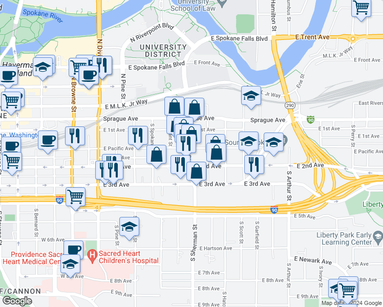 map of restaurants, bars, coffee shops, grocery stores, and more near 503 East 2nd Avenue in Spokane