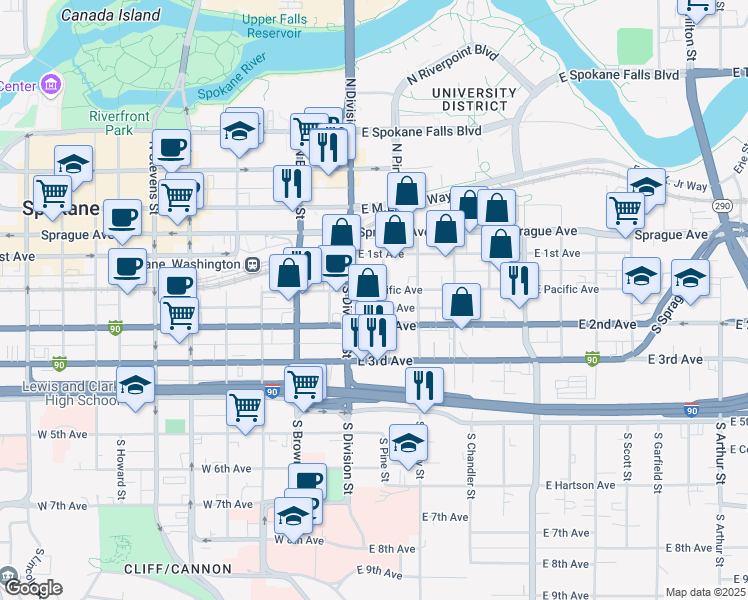 map of restaurants, bars, coffee shops, grocery stores, and more near 165 South Pine Street in Spokane