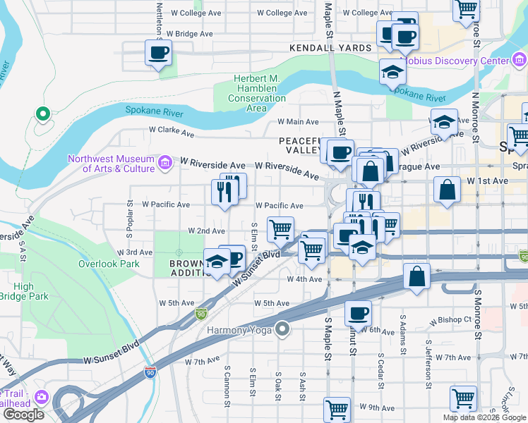 map of restaurants, bars, coffee shops, grocery stores, and more near 1818 West 2nd Avenue in Spokane