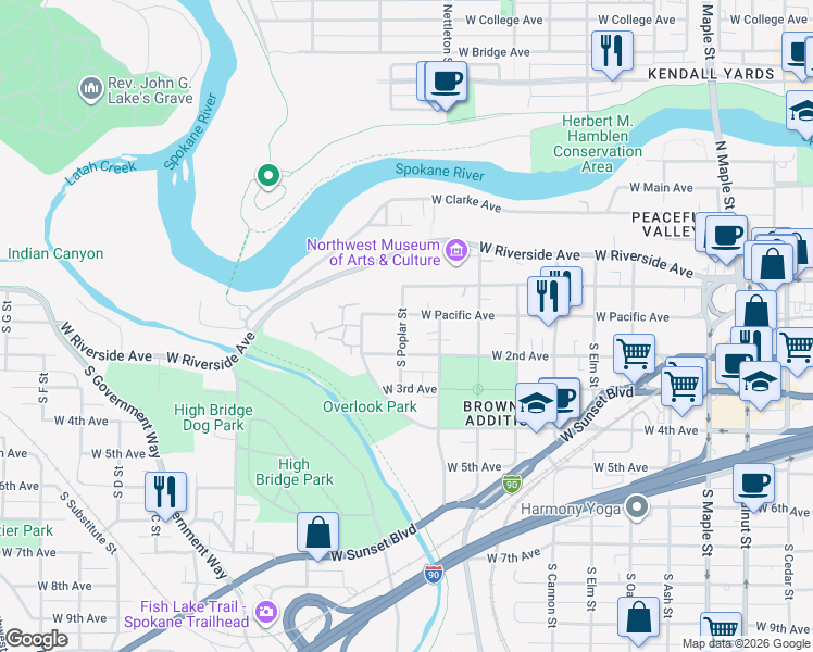 map of restaurants, bars, coffee shops, grocery stores, and more near 2314 West 2nd Avenue in Spokane
