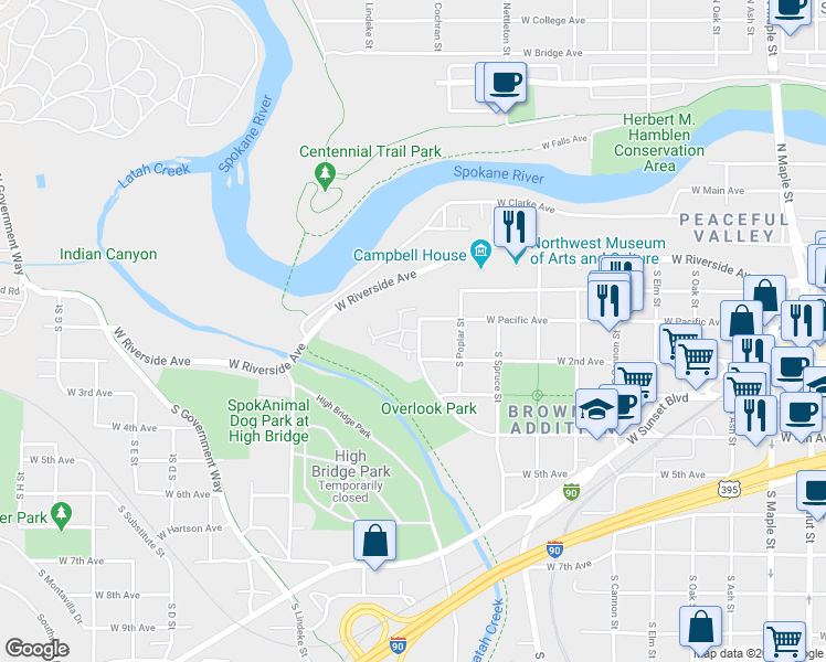 map of restaurants, bars, coffee shops, grocery stores, and more near 160 South Coeur d'Alene Street in Spokane