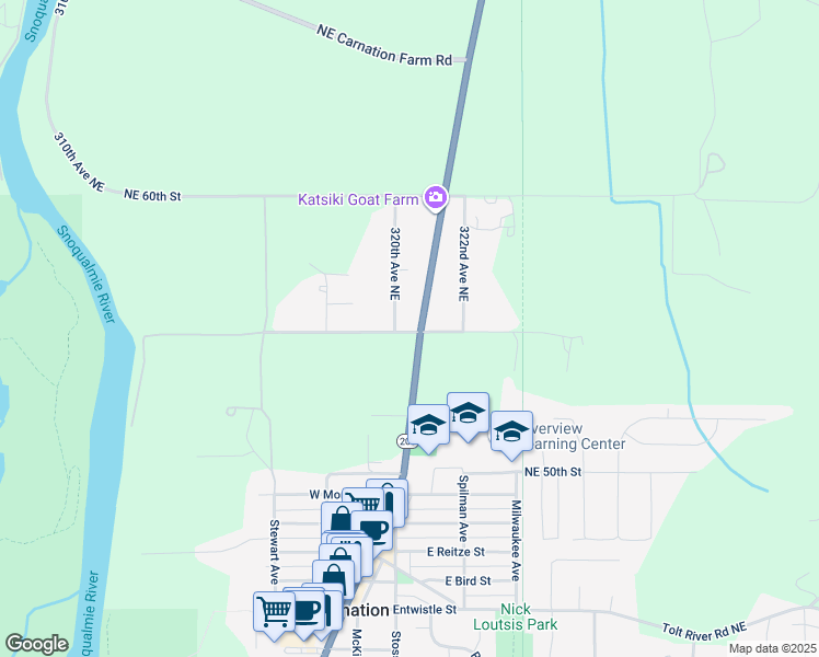 map of restaurants, bars, coffee shops, grocery stores, and more near 32110 Northeast 55th Street in Carnation