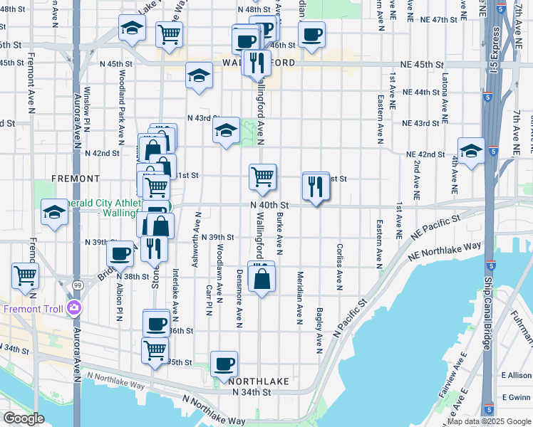 map of restaurants, bars, coffee shops, grocery stores, and more near 3923 Burke Avenue North in Seattle