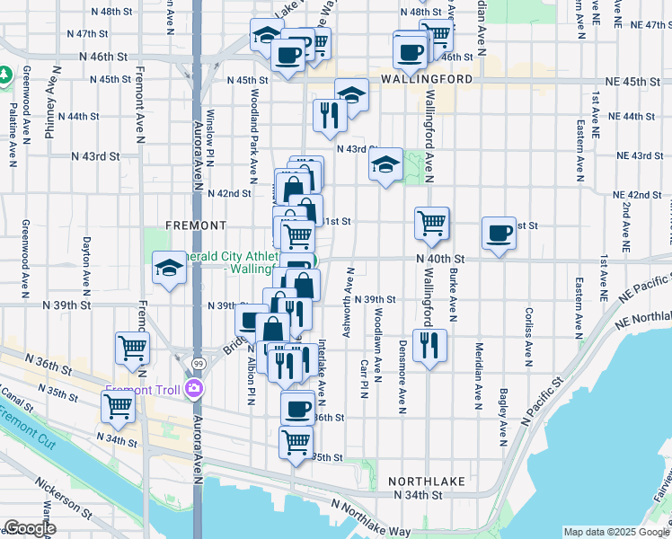 map of restaurants, bars, coffee shops, grocery stores, and more near 3920 Ashworth Avenue North in Seattle