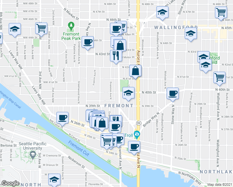 map of restaurants, bars, coffee shops, grocery stores, and more near 3965 Fremont Avenue North in Seattle