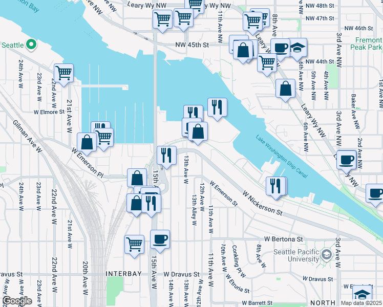 map of restaurants, bars, coffee shops, grocery stores, and more near 3820 13th Avenue West in Seattle