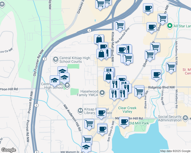 map of restaurants, bars, coffee shops, grocery stores, and more near 3414 Northwest Kensington Lane in Silverdale