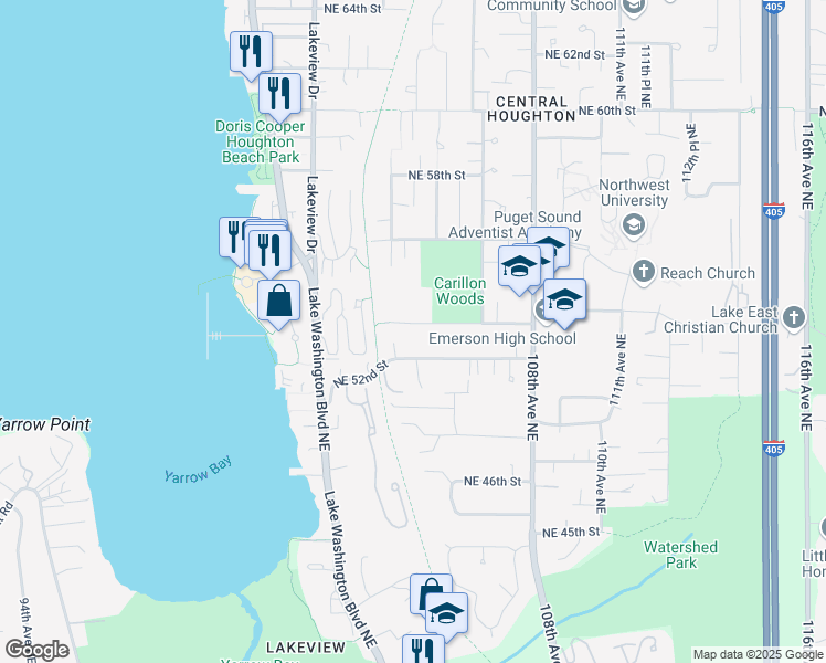 map of restaurants, bars, coffee shops, grocery stores, and more near 10419 Northeast 53rd Street in Kirkland