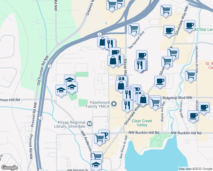 map of restaurants, bars, coffee shops, grocery stores, and more near 3414 Northwest Kensington Lane in Silverdale