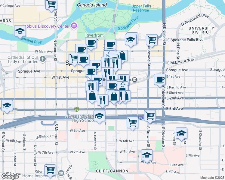map of restaurants, bars, coffee shops, grocery stores, and more near 410 West 2nd Avenue in Spokane