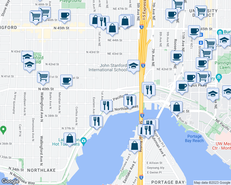 map of restaurants, bars, coffee shops, grocery stores, and more near 3919 Latona Avenue Northeast in Seattle